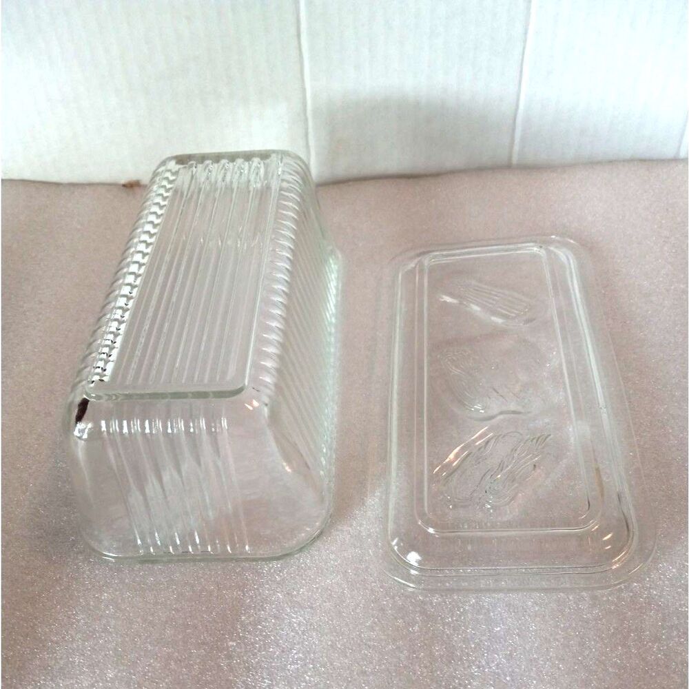 Vtg MCM Federal Glass Clear Refrigerator Dish w/ Lid Featuring Vegetable Design